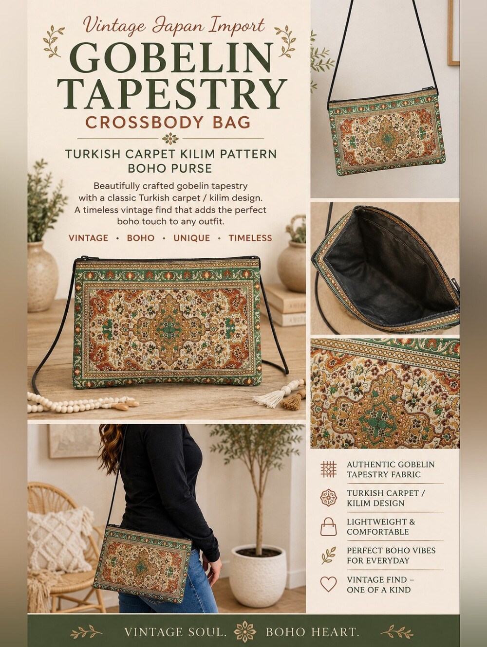 Vintage Japan Import Gobelin Tapestry Crossbody/Turkish Carpet Kilim Pattern Bag